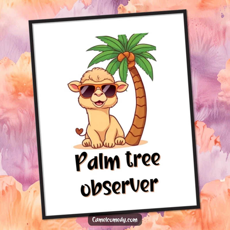 Funny kawaii camel wearing sunglasses, peeking from behind a palm tree, as a digital art print.