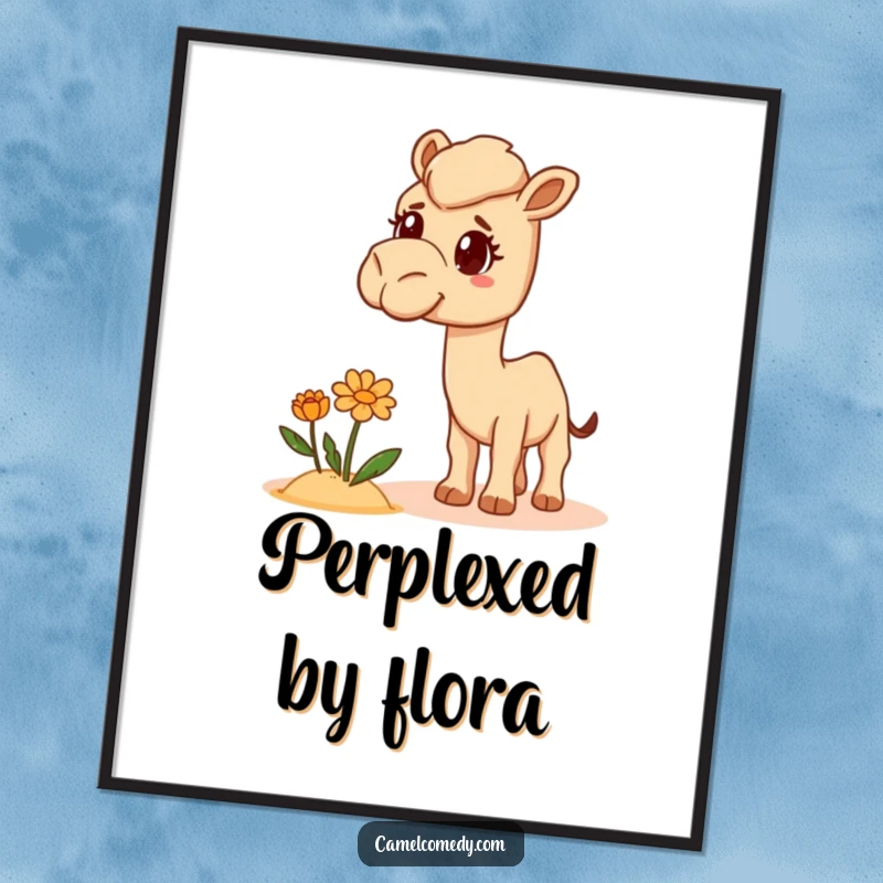 Funny Bewildered Camel Digital Art Print showing a camel confused by a desert flower, capturing humorous surprise.