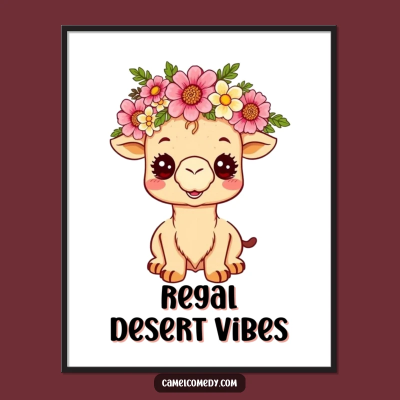 Funny Kawaii Camel Digital Art - Royal Desert Flower Crown Print