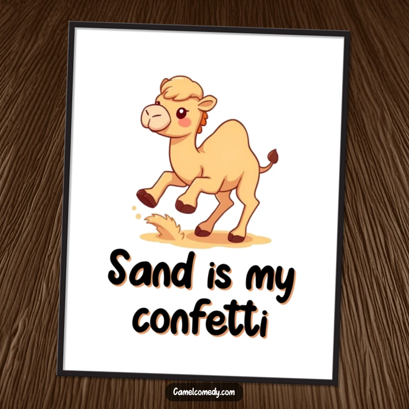 Funny Kawaii Camel Digital Art Print of a cute camel kicking up sand, humorous and downloadable desert art.