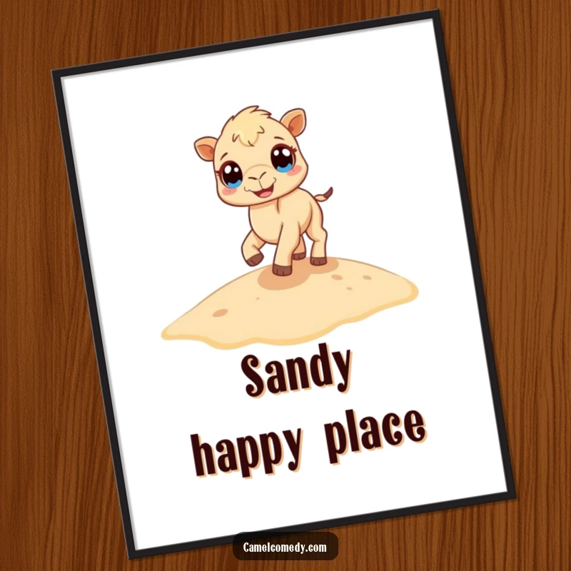 Funny camel digital art print showcasing a tiny camel with huge eyes joyfully bouncing on a vibrant sand dune, full of mirth.