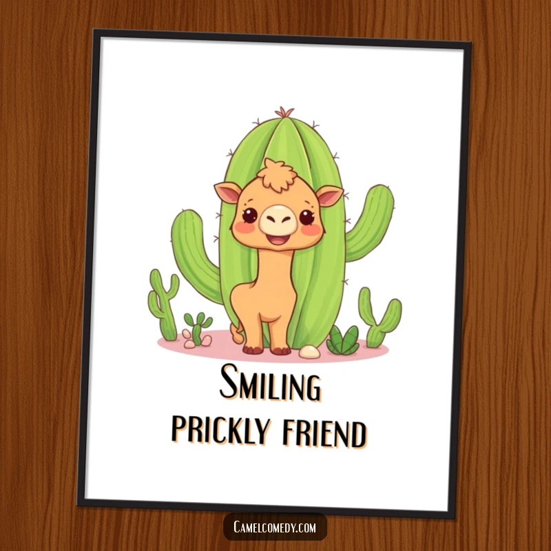 Funny camel cactus digital art print showing a curious camel peeking around a large, smiling cactus, full of desert whimsy.