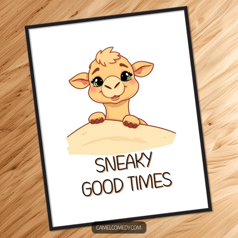 Funny digital art print of a camel with a goofy grin playfully peeking from behind a desert sand dune, full of charm.
