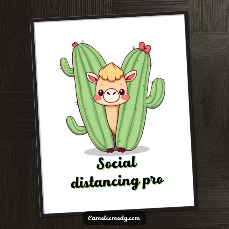 Funny digital art print of a kawaii camel peeking from behind a smiling cactus, a humorous and charming desert scene.