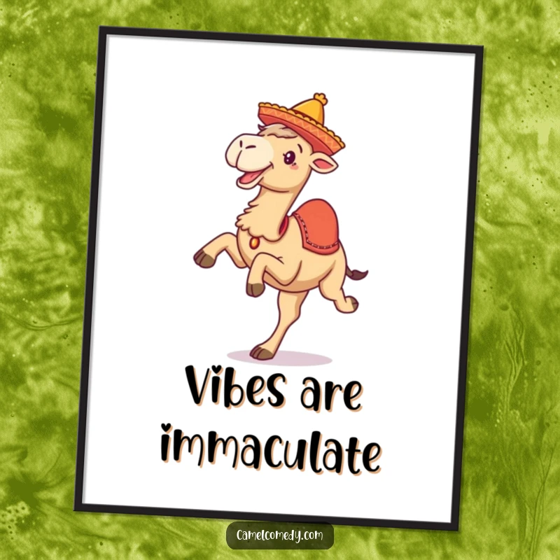 Funny digital art print of a camel kicking its legs up enthusiastically while wearing a tiny sombrero, full of celebratory energy.