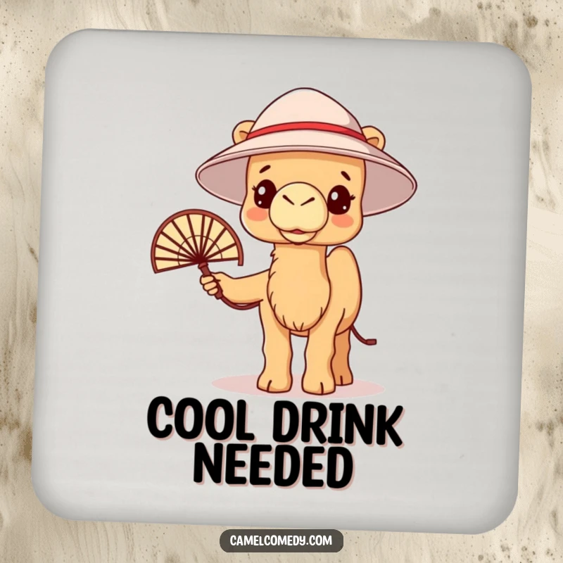 Funny kawaii camel with a bucket hat and fan, looking warm, perfect for a drink coaster.