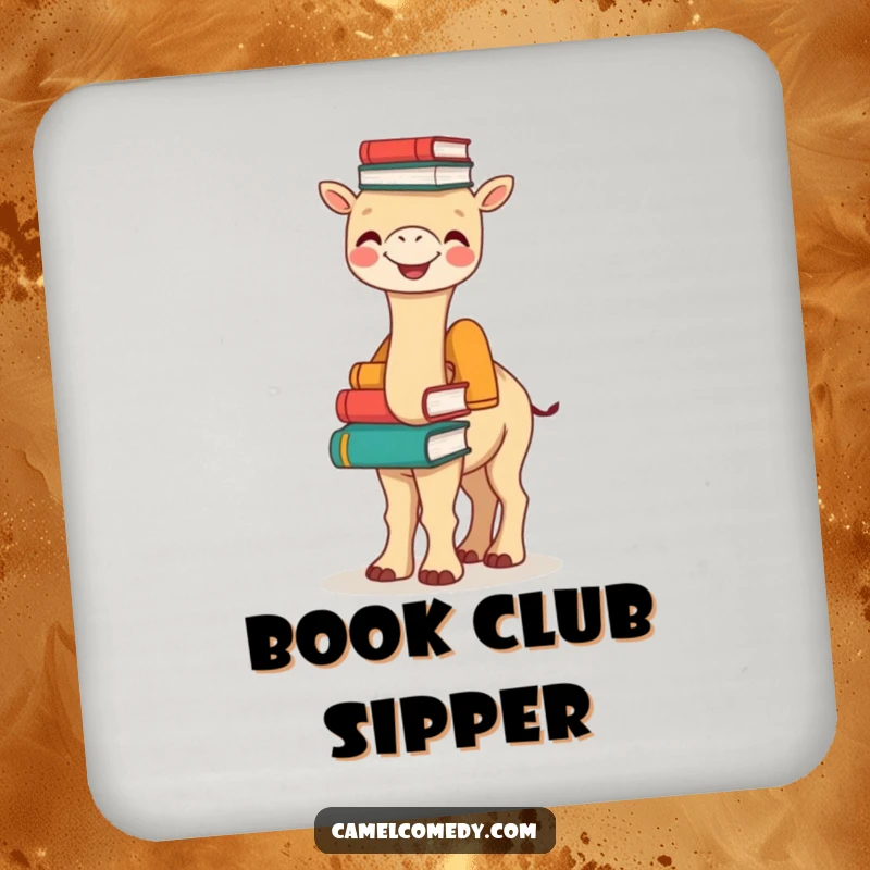 Funny Bookish Camel Coaster: a joyful camel balances a stack of books on its hump, providing funny surface protection with a literary twist.