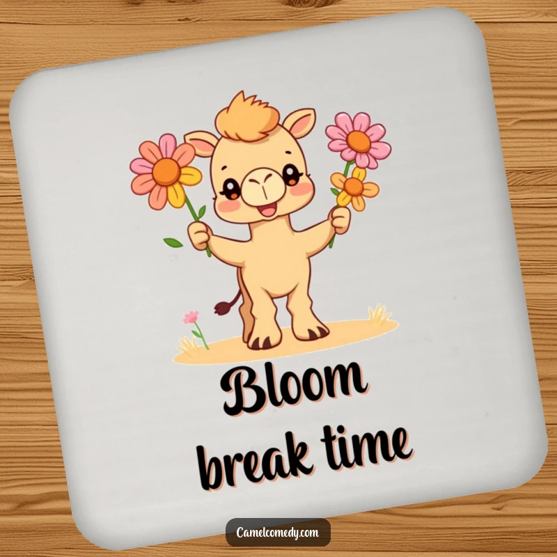 Funny drink coasters featuring a charming camel character juggling three colorful desert flowers, protecting surfaces with artistic humor.