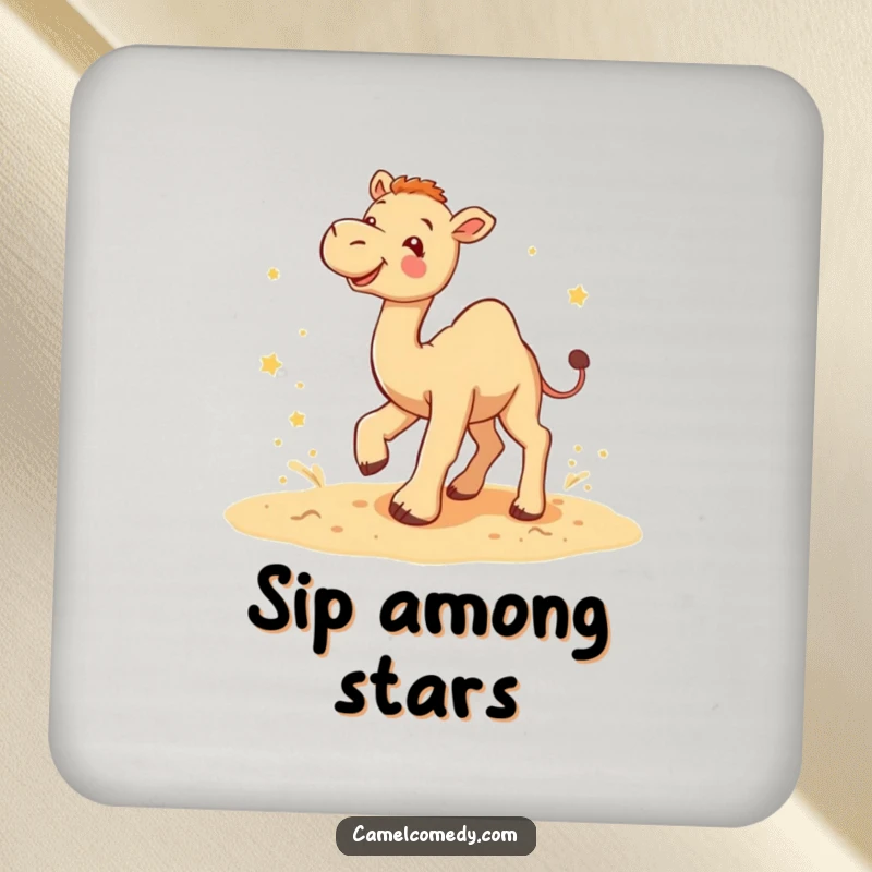 Funny camel star kicker coaster depicting a camel joyfully kicking up sand amidst tiny stars, providing humorous drink protection.