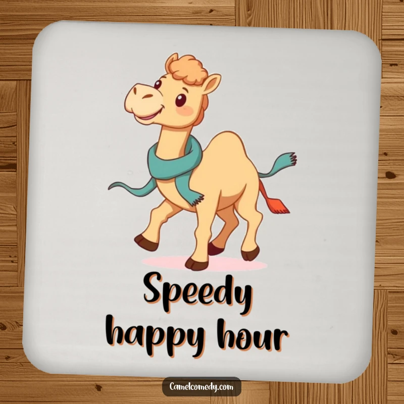 Funny Galloping Camel Coaster: a smiling camel gallops with a jaunty scarf trailing, providing funny surface protection with flair.
