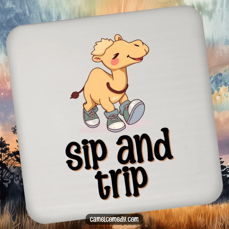 Funny drink coaster featuring a giggling camel comically tripping over its own oversized shoes, protecting your furniture with humorous charm.