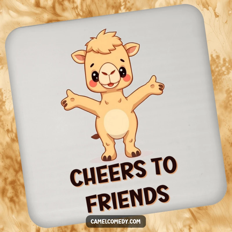 Funny Camel Coaster with arms outstretched for a hug, offering warm humor and protection for surfaces.