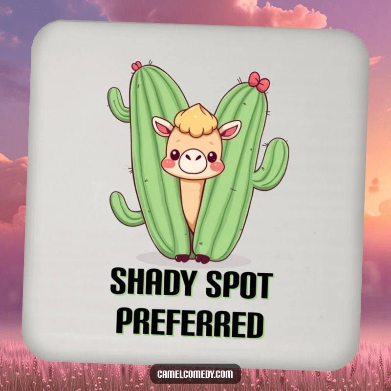 Funny drink coaster featuring a kawaii camel peeking from behind a smiling cactus, offering surface protection with desert humor.