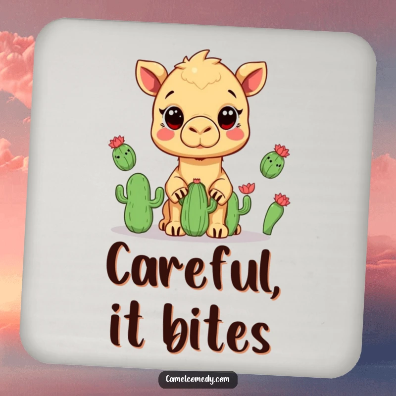 Funny drink coaster with a kawaii camel juggling cacti, wide-eyed, adding playful desert humor.