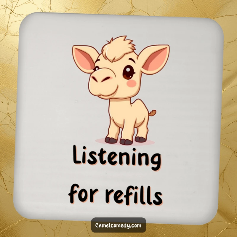 Funny Kawaii Camel Coaster featuring a cute camel listening inquisitively, a humorous and functional accessory.