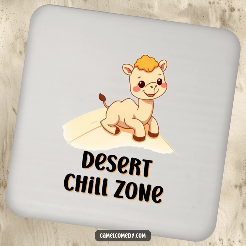Funny kawaii camel sliding down a sand dune, sporting a wide grin, perfect for a drink coaster.