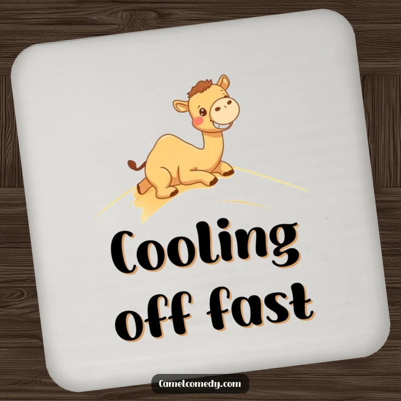 Funny drink coaster with a kawaii camel grinning while sliding down a sand dune, adding desert humor.