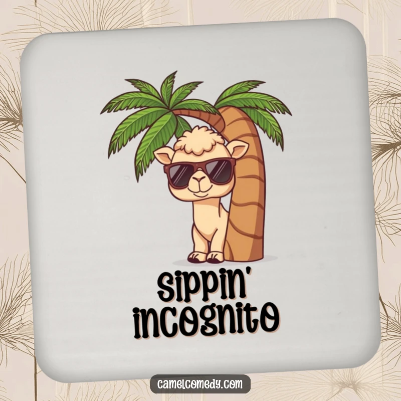 Funny drink coaster with a kawaii camel wearing sunglasses, peeking from behind a palm tree, adding tropical humor.