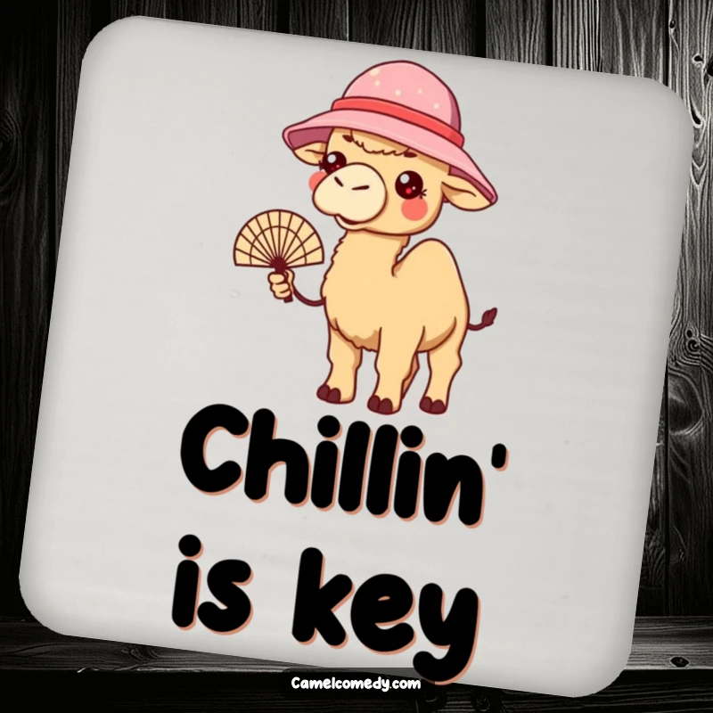 Funny drink coaster with a kawaii camel in a bucket hat, holding a fan, looking warm, adding summer humor.