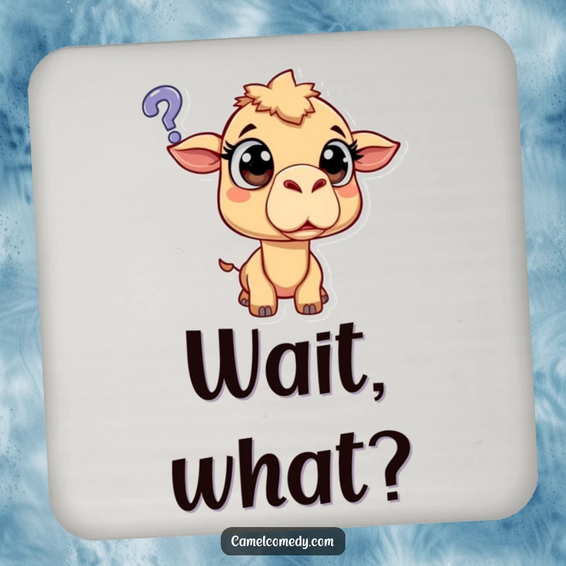 Funny surprised camel with wide eyes, reacting to a floating question mark, humorous drink coaster.
