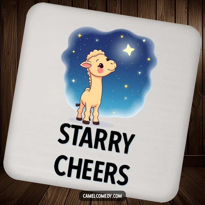 Funny drink coaster featuring a whimsical camel gazing at a starry night sky, protecting your furniture with enchanting charm.