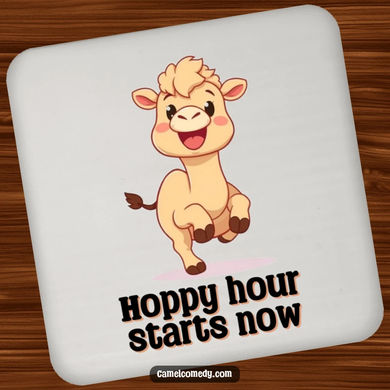 Funny camel drink coaster with a camel doing a silly hop with a big, happy expression, adding cheerful humor to tabletops.