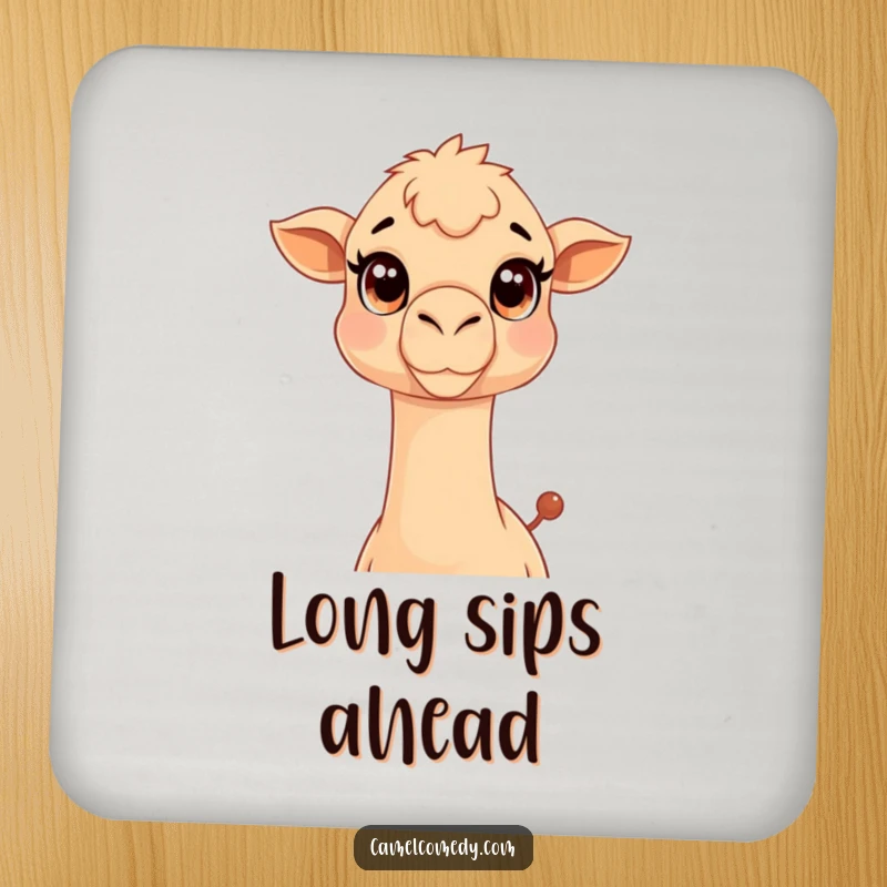 Funny Kawaii Camel Coaster featuring a cute camel stretching its long neck, a humorous and functional accessory.