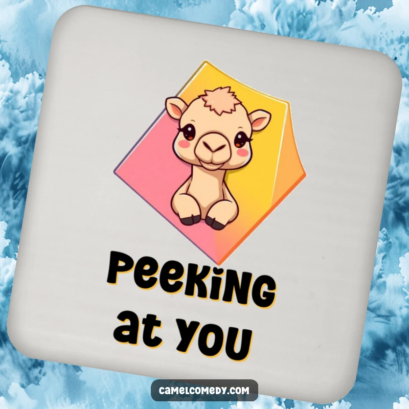 Funny camel peeking behind a geometric shape, depicted on a humorous and protective drink coaster.