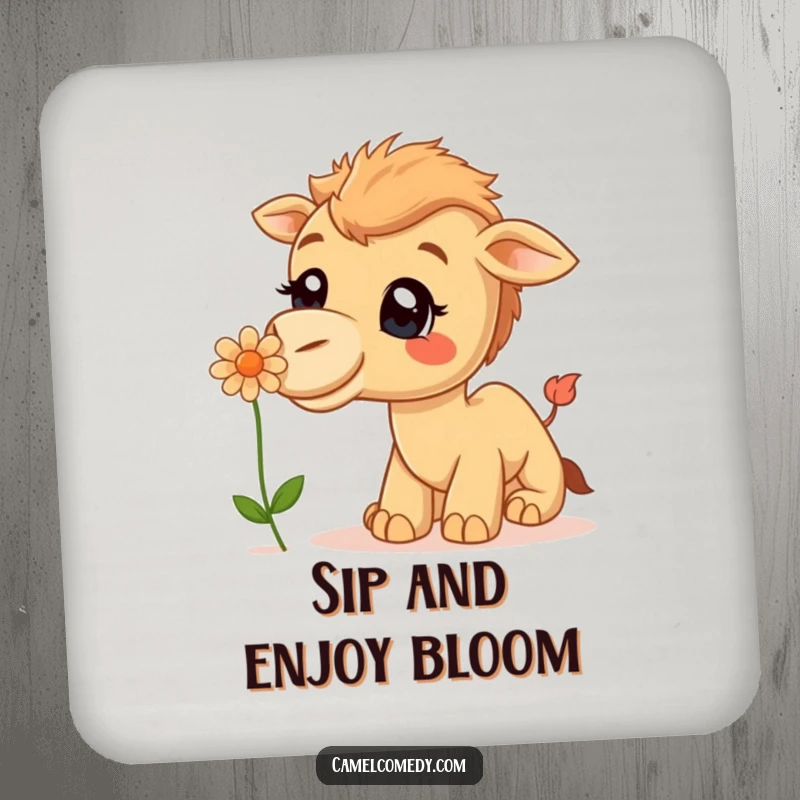 Funny Drink Coaster featuring a curious camel with a big smile sniffing a delicate desert flower.