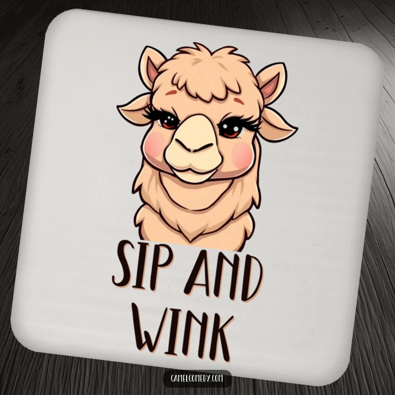 Funny Camel Coaster with a winking camel and prominent eyelashes, offering a humorous and cheeky way to protect surfaces.