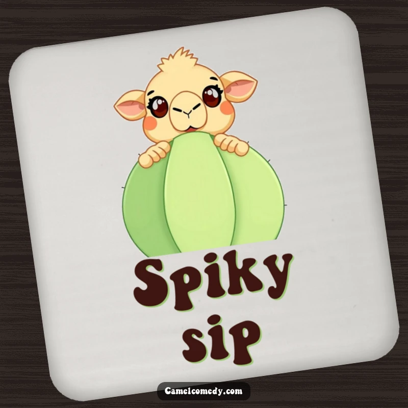 Funny Camel Coasters: Set of 4 featuring a surprised camel peeking over a large cactus. Fun and funny gift.