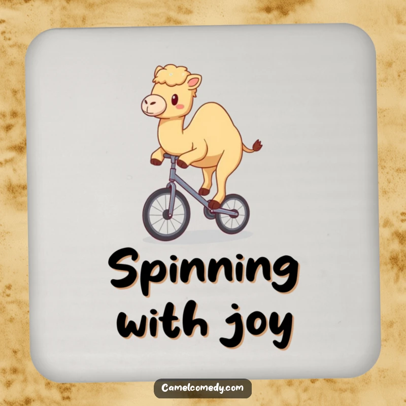 Funny drink coaster with a kawaii camel happily wobbling on a tiny unicycle, adding circus humor.