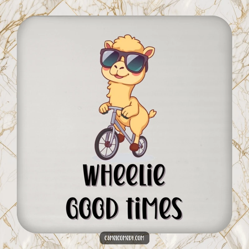 Funny drink coaster showcasing a kawaii camel wearing sunglasses and riding a unicycle, offering surface protection with humor.