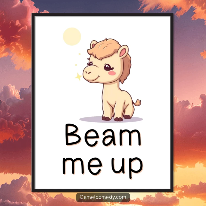 Funny poster featuring a curious camel intently sniffing a singular, radiant moonbeam, an artistic and humorous wall decoration.