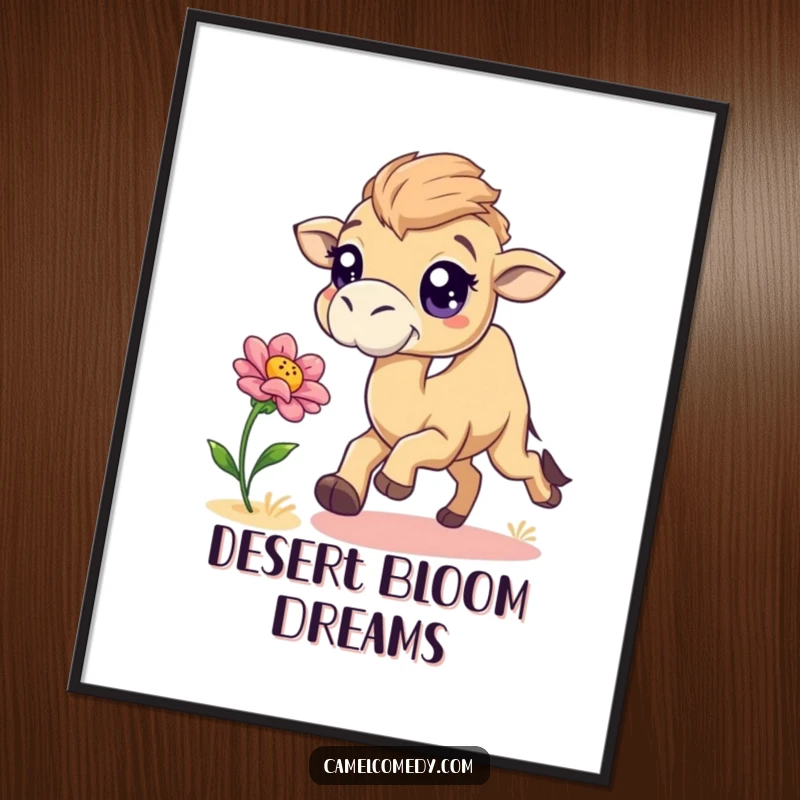 Funny camel with big sparkling eyes playfully chasing a bouncing desert flower, depicted in a humorous poster.