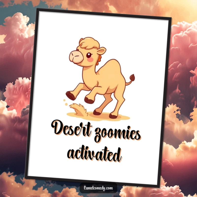 Funny Kawaii Camel Poster of a cute camel kicking up sand, humorous desert-themed wall art.