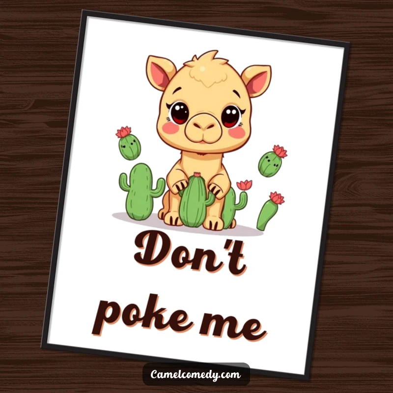 Funny poster print of a kawaii camel juggling three small cacti with wide eyes, capturing desert acrobat humor.