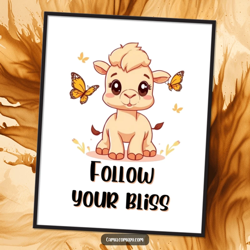Funny poster featuring a cute camel with wide eyes chasing a butterfly, creating an atmosphere of whimsical joy and nature's beauty.