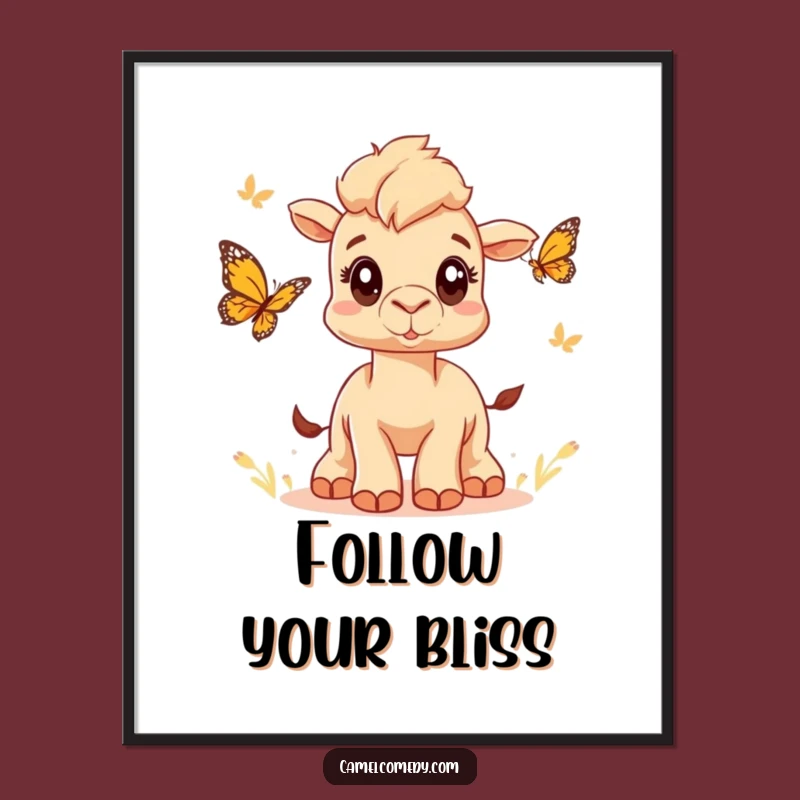 Funny Camel Butterfly Chase Poster: Artistic Whimsical Wide Eyes, Awesome Funny Gift Decor