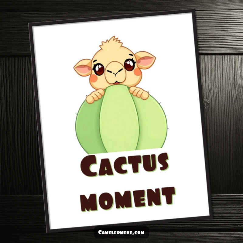 Funny Camel Poster: A surprised camel with wide eyes peeking over a large prickly cactus, bringing desert humor. Ideal funny gift.