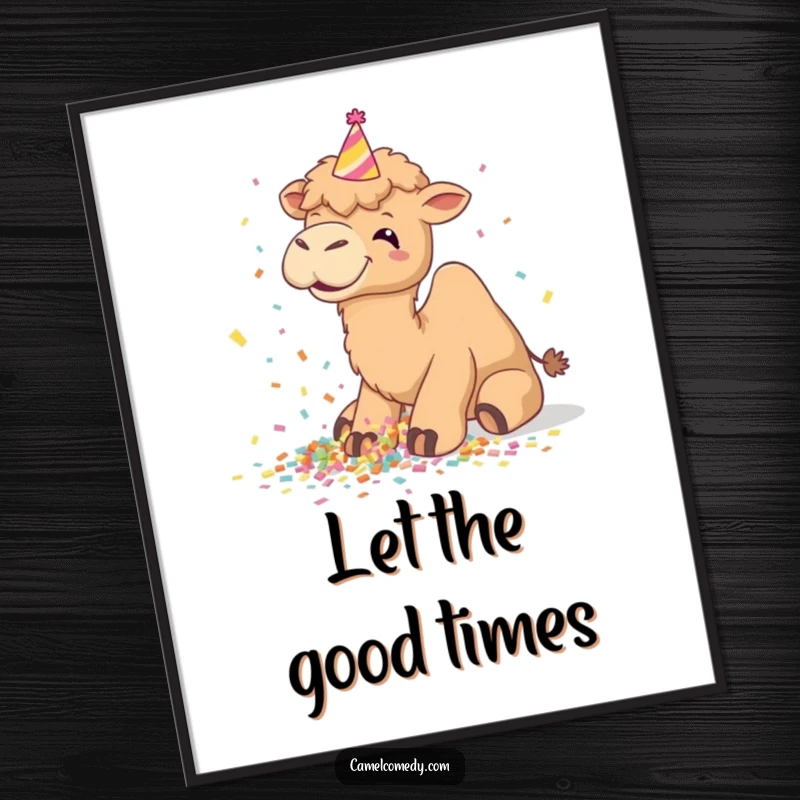 Funny camel poster art, giggling with abandon while spilling a pile of colorful confetti, adorably wearing a tiny party hat.