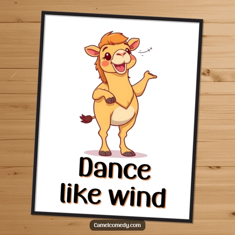 Funny camel character dancing energetically in the desert wind, depicted on a poster, a humorous and dynamic art gift.