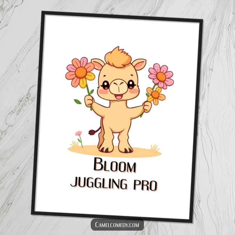 Funny poster of a playful camel character skillfully juggling three exquisite desert flowers, bringing vibrant desert amusement indoors.