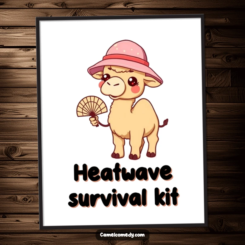 Funny poster print of a kawaii camel in a bucket hat, holding a fan and looking warm, capturing summer humor.