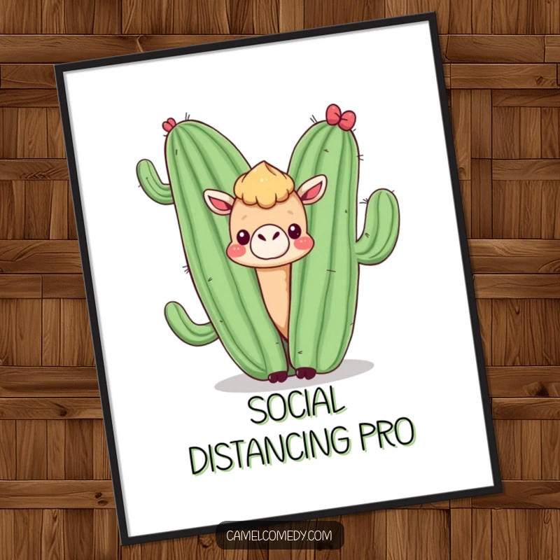 Funny poster print of a kawaii camel peeking from behind a smiling cactus, adding a humorous and charming desert scene.