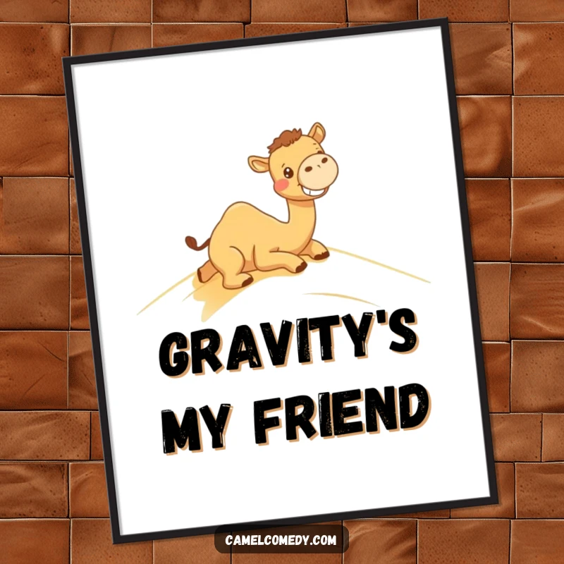 Funny poster print shows a kawaii camel with a grin sliding down a sand dune, bringing desert humor to any room.