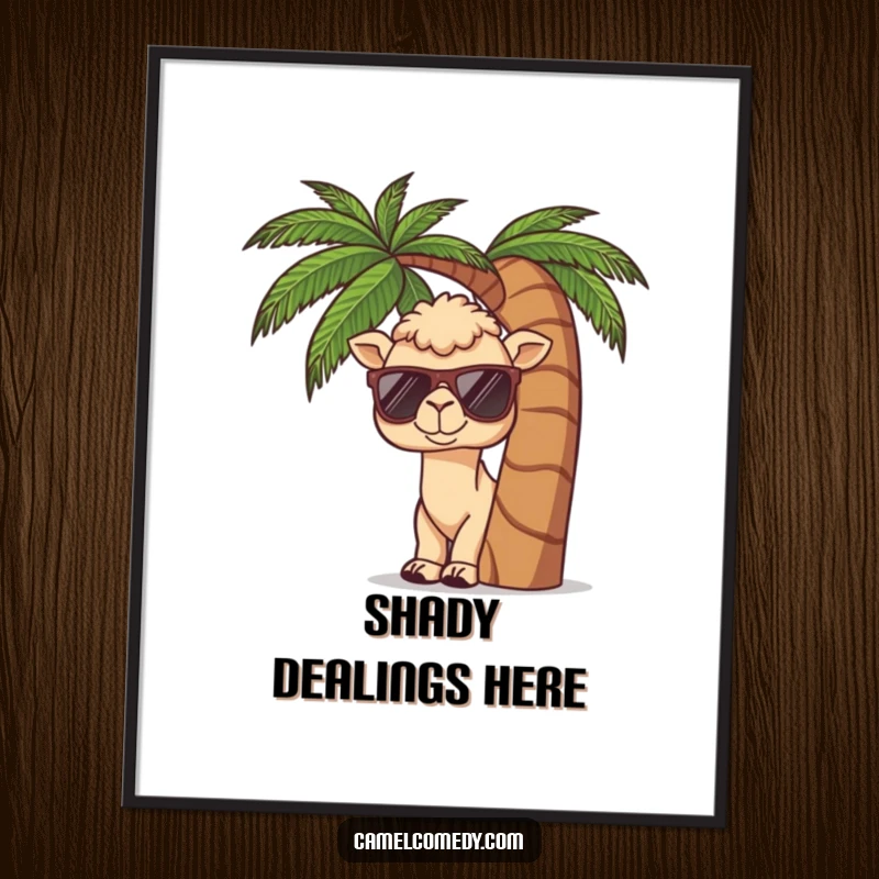 Funny poster print of a kawaii camel wearing sunglasses, peeking from behind a palm tree, capturing tropical humor.