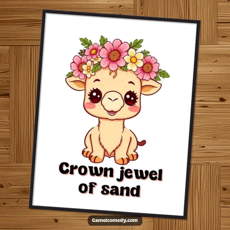 Funny kawaii camel wearing a desert flower crown, beaming brightly on a poster, adding humor and charm to wall decor.