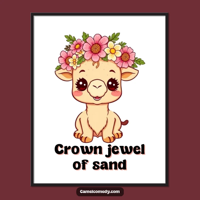 Funny Kawaii Camel Poster - Royal Desert Flower Crown Wall Art