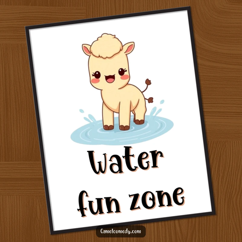 Funny Kawaii Camel Poster of a cute camel splashing in water, humorous and artistic wall decor.